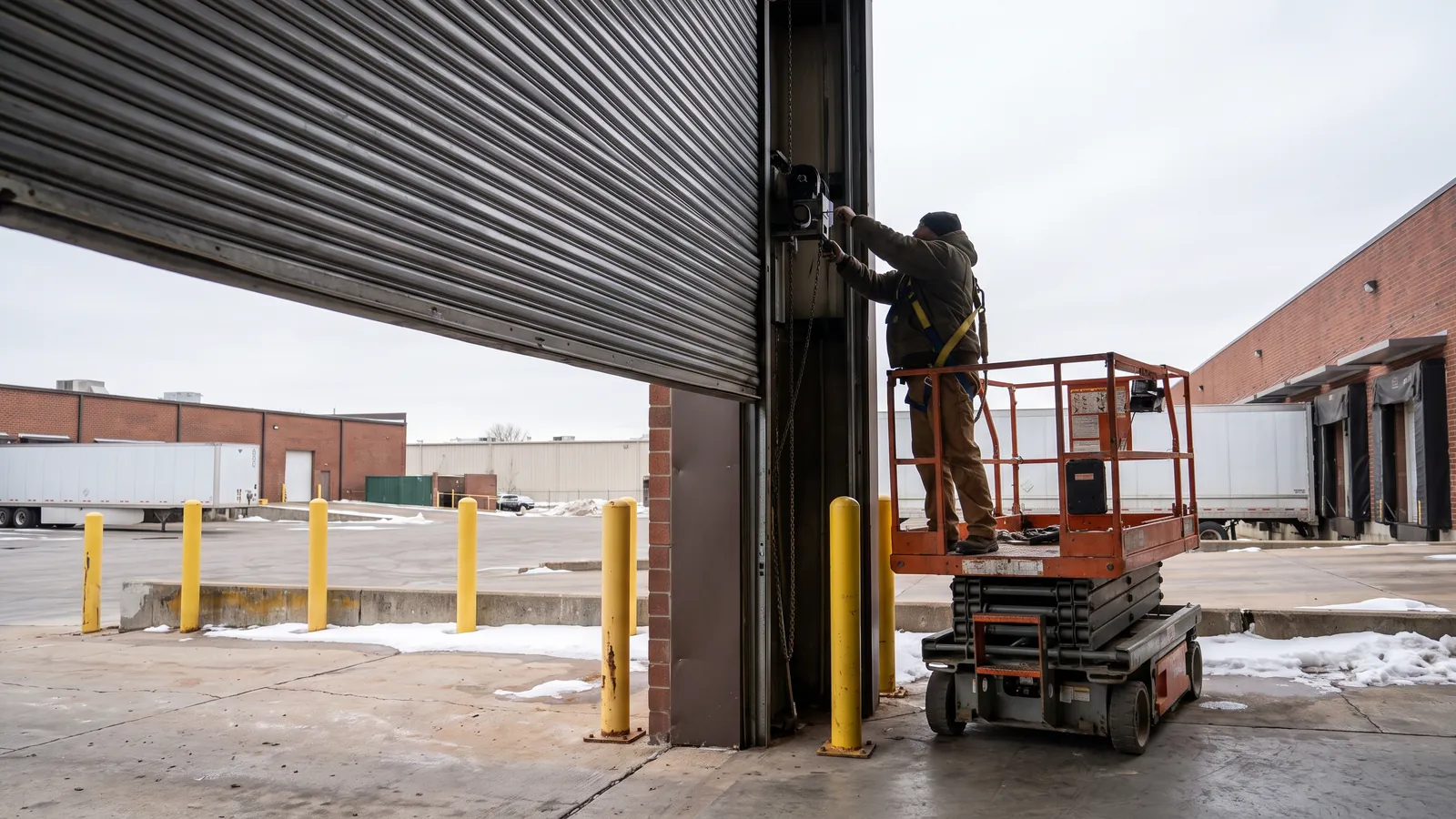 Technician on a scissor lift servicing a large steel roll-up dock door at a warehouse loading bay in a Kansas industrial park
