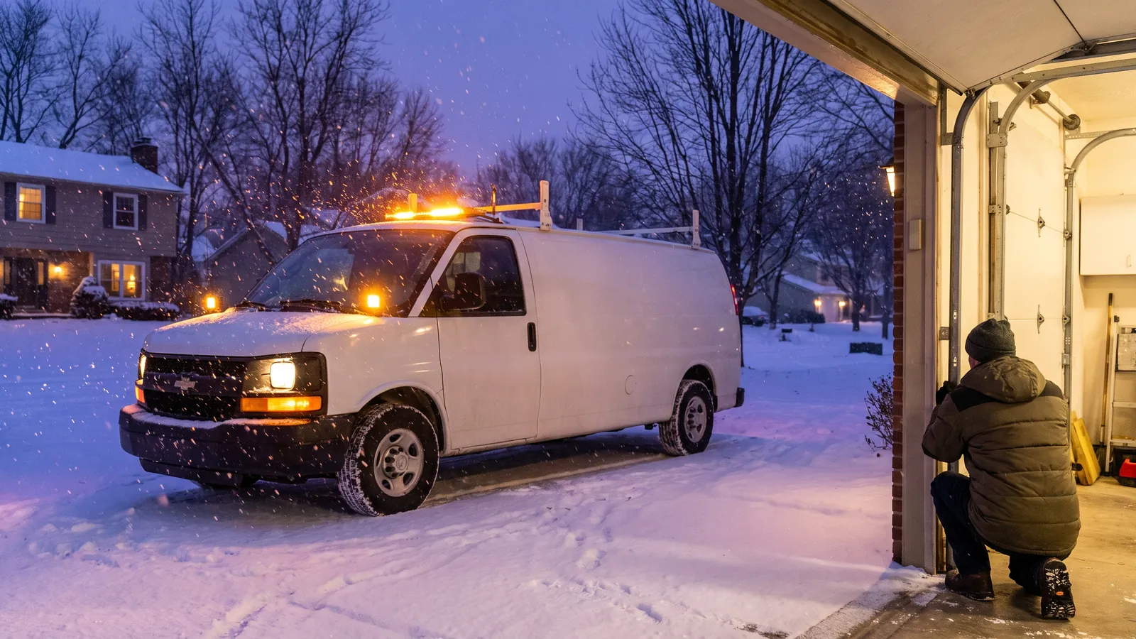 Garage door service van with work lights on in a snowy driveway at dusk, the garage door stuck halfway open and a technician checking the track
