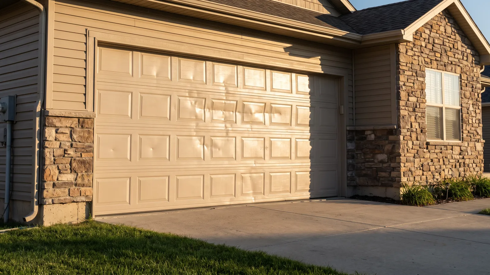 Steel garage door with the upper panel pocked and creased by hail on a suburban Kansas home with a stone and siding facade