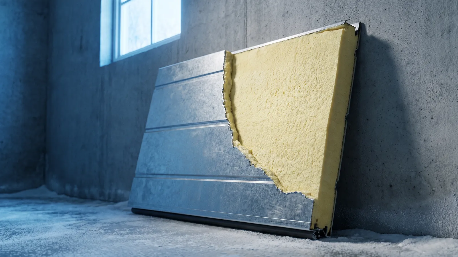 Cutaway section of an insulated steel garage door showing the polyurethane core between two steel skins, resting against a garage wall in winter light
