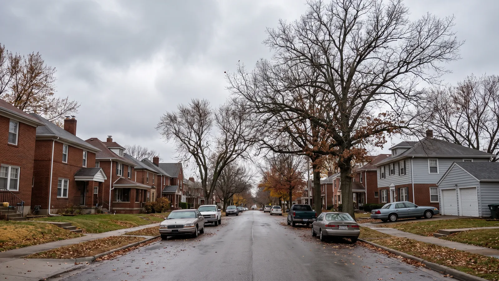 Residential street in Kansas City, Kansas lined with older brick and clapboard houses with detached and attached garages, mature trees along the curb