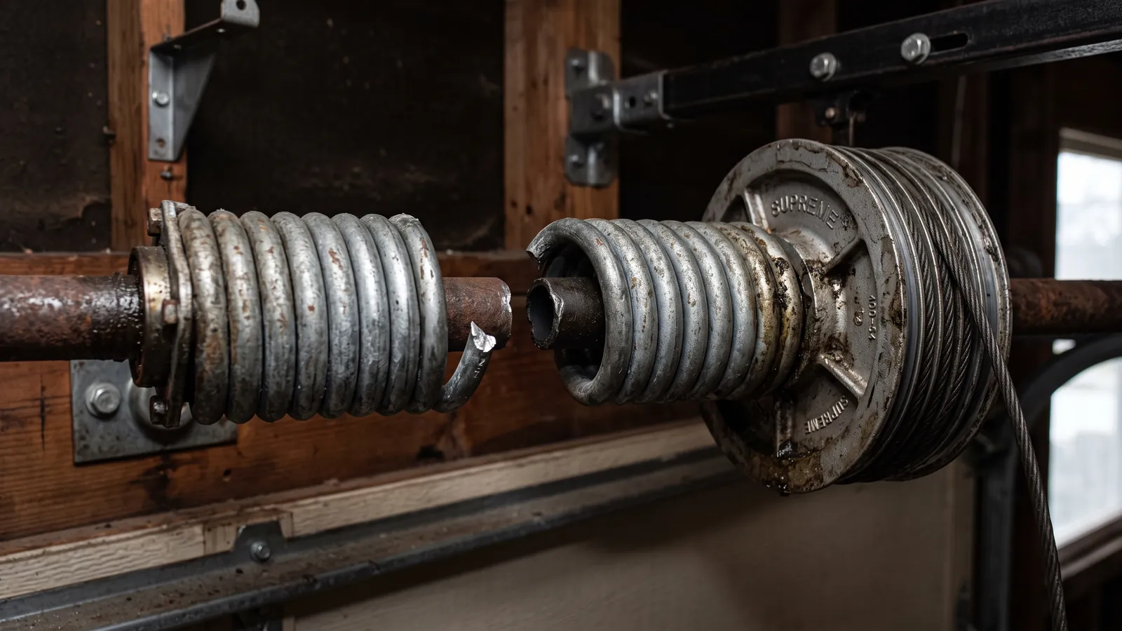 Close-up of a snapped galvanized torsion spring on the shaft above a residential garage door, a clean gap between the coils and the cable drum beside it